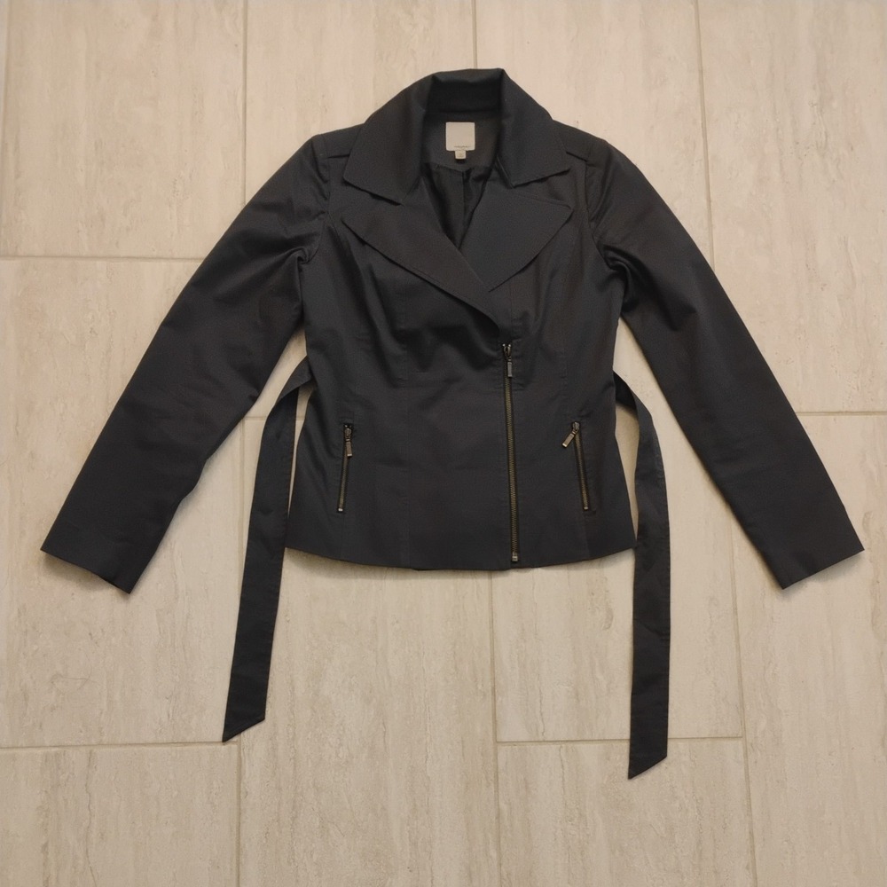 Halogen Womens Belted Asymmetric Zip Jacket XS Extra Small Black Cotton Stretch